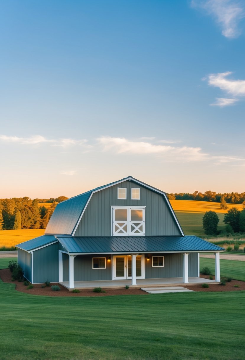 A spacious barndominium with open floor plan and modern amenities, surrounded by a picturesque landscape with a clear blue sky overhead