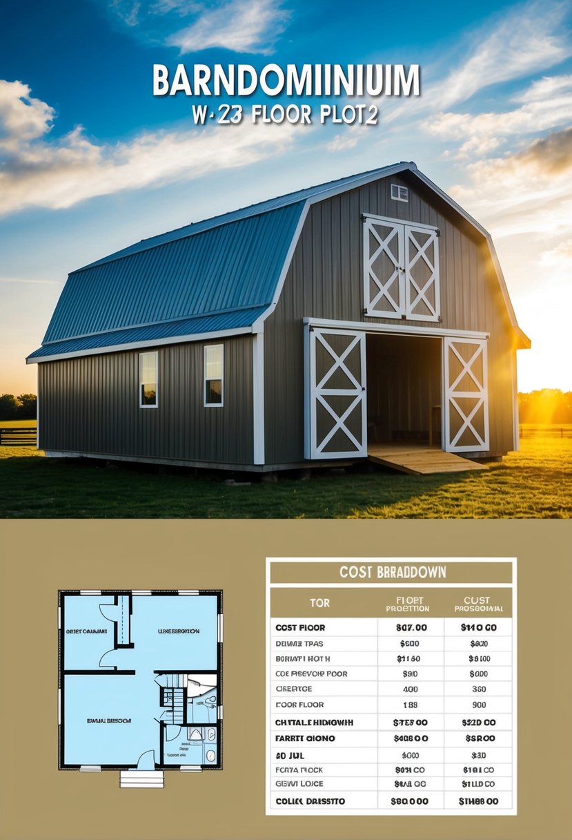 A detailed floor plan of a barndominium with a cost breakdown displayed next to it