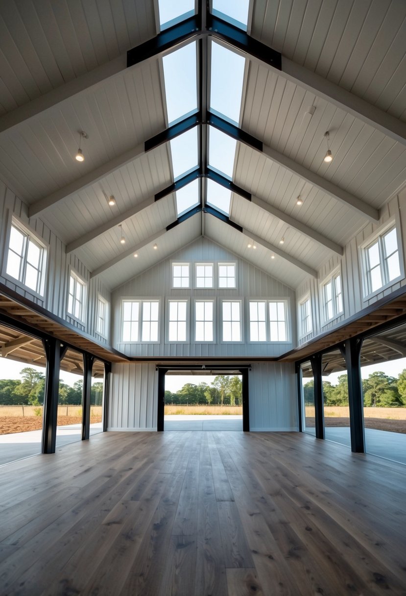 A spacious barndominium with open floor plan, high ceilings, and modern industrial design. Large windows let in natural light, and a covered porch extends from the front