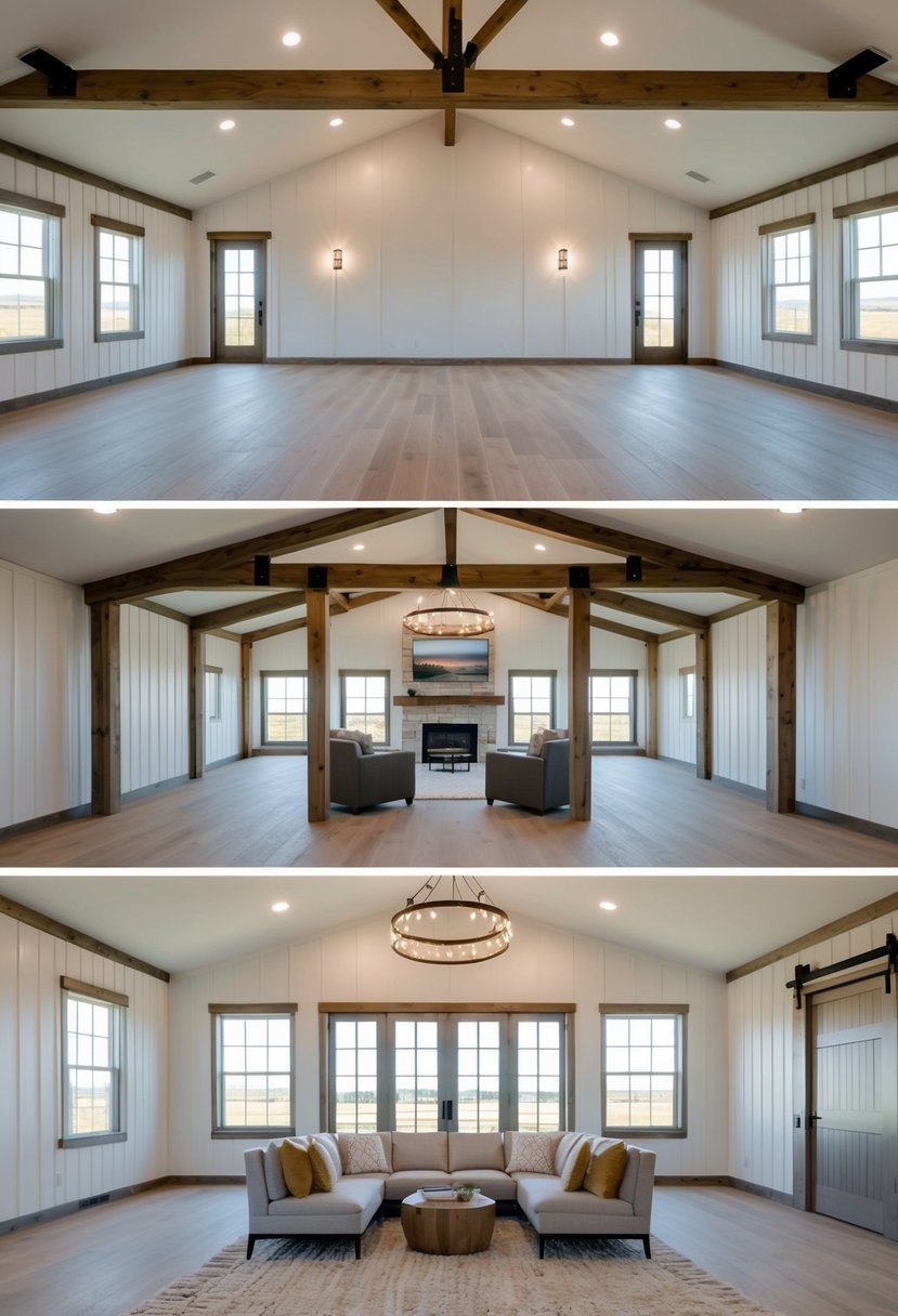 A spacious barndominium with a basement, featuring open floor plans, large windows, and modern design elements