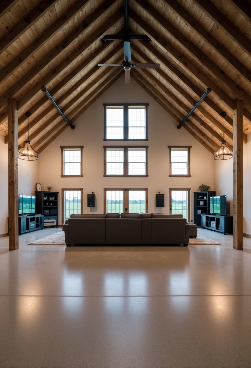 A spacious basement in a barndominium, featuring high ceilings, large windows, and open floor plan with designated areas for entertainment, storage, and utilities