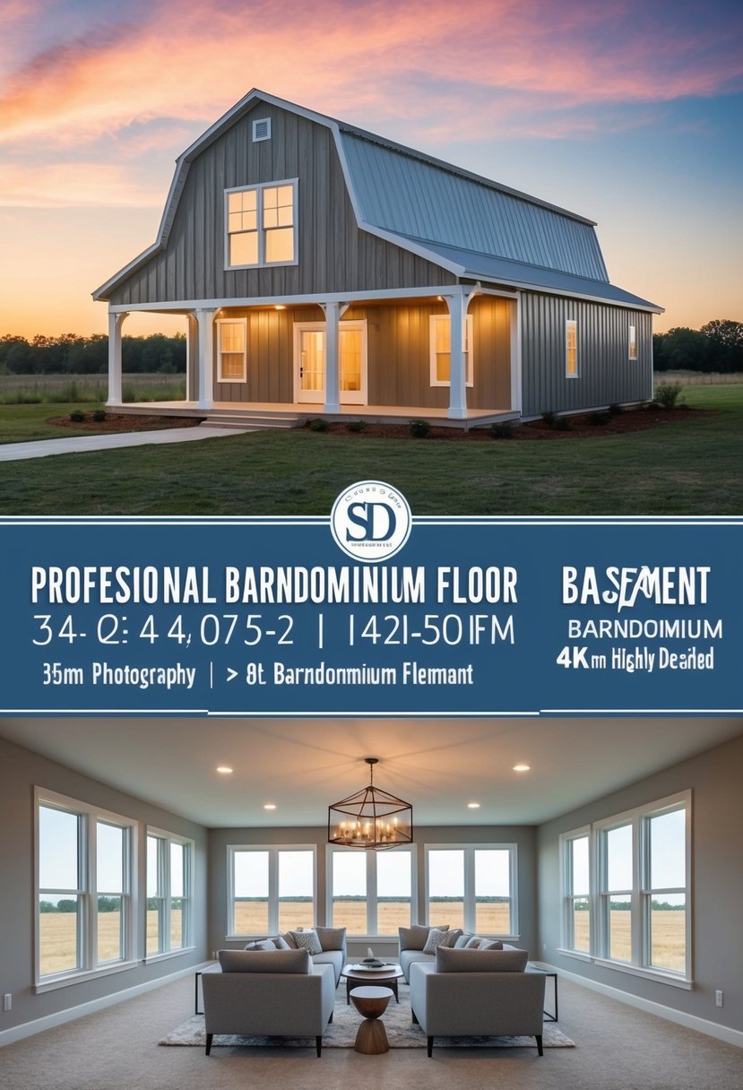 A spacious barndominium floor plan with a basement, featuring open living areas, large windows, and modern design elements