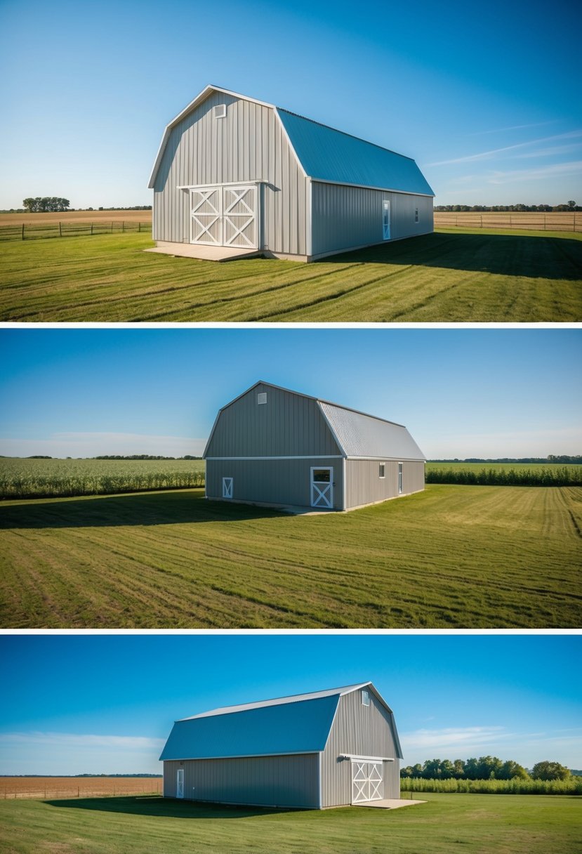 A spacious barndominium with a basement, surrounded by open fields and a clear blue sky