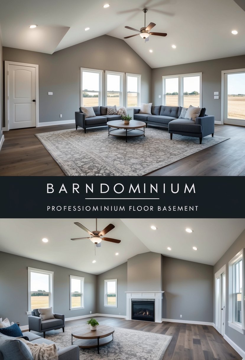 A spacious barndominium floor plan with a basement, featuring open living areas, large windows, and modern finishes