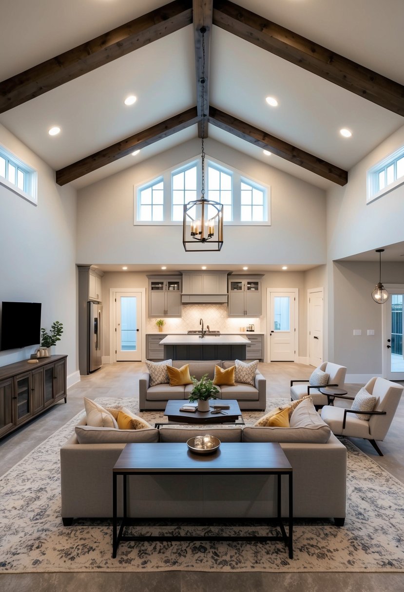 A spacious barndominium basement with open floor plan and modern design, featuring a cozy living area, sleek kitchen, and stylish dining space