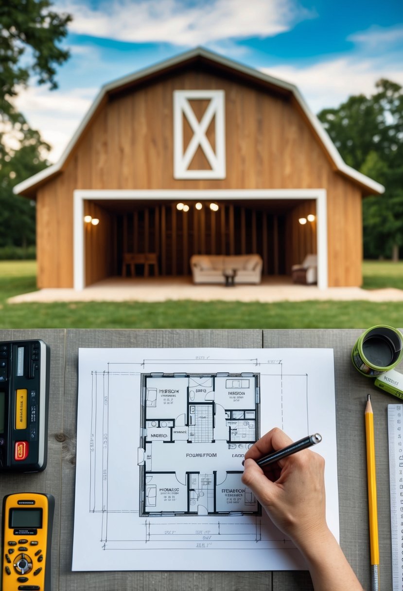 A barndominium floor plan with a basement being drafted and planned out with measurements, furniture placement, and architectural details