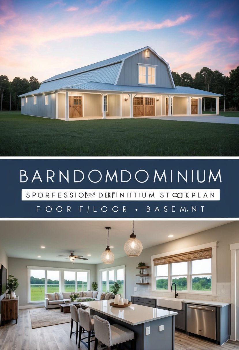 A spacious barndominium floor plan with a basement, featuring open living areas, large windows, and a modern kitchen with an island