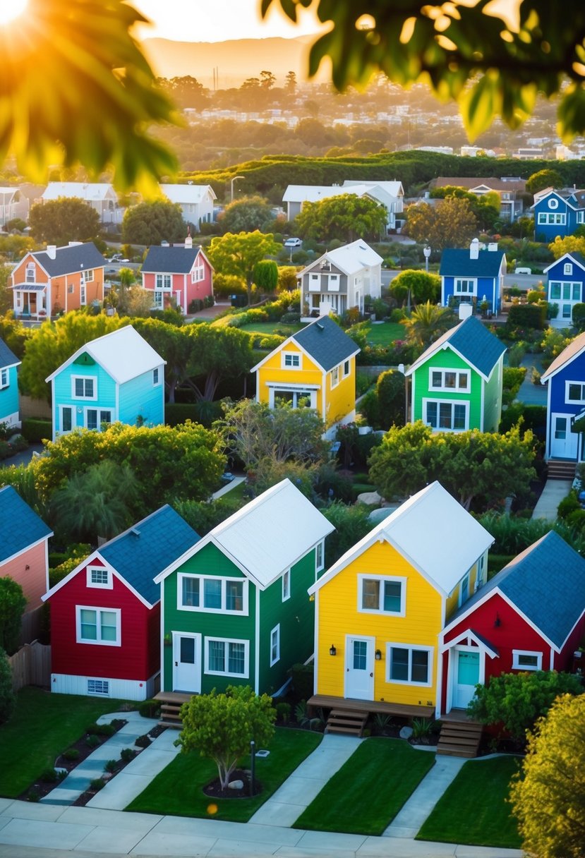 A cluster of colorful tiny houses nestled among lush greenery in a sunny San Diego community