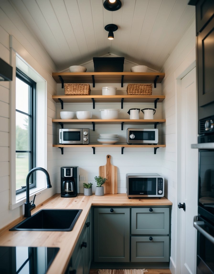 Neatly organized shelves and hooks hold compact kitchen appliances in a tiny house