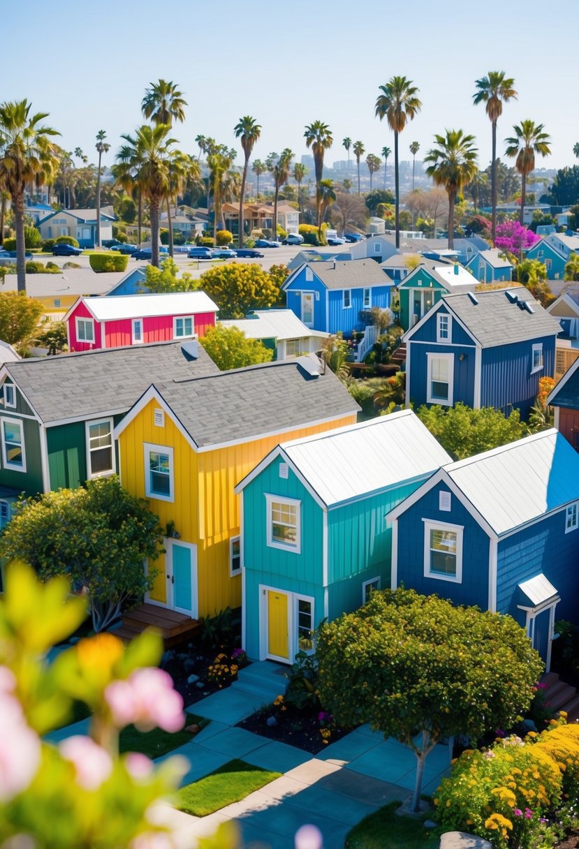 A cluster of colorful tiny homes nestled in a sunny San Diego neighborhood, surrounded by palm trees and blooming flowers