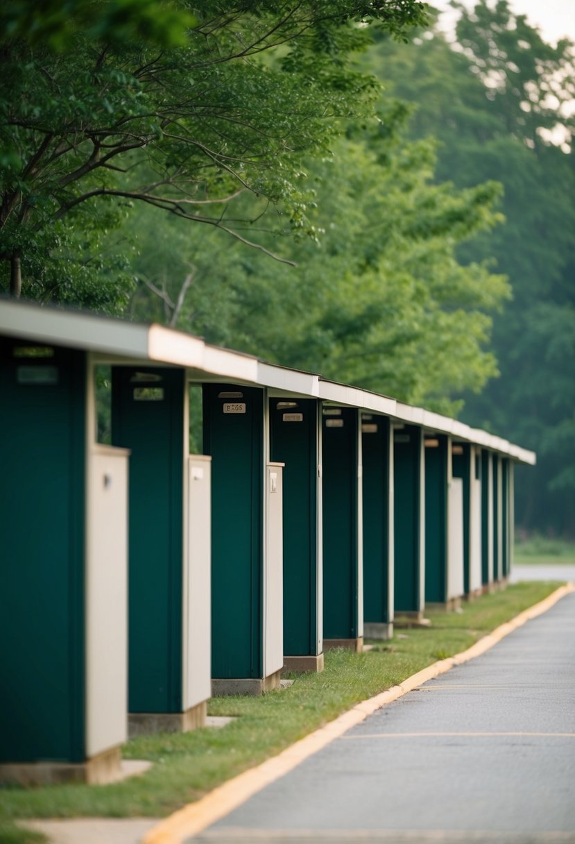 A row of shelters in Delaware, surrounded by trees and a calm atmosphere