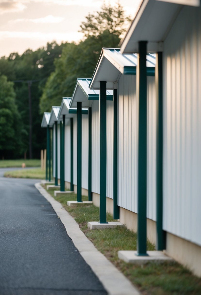 A row of emergency shelters in Delaware, with simple, sturdy structures and welcoming entrances