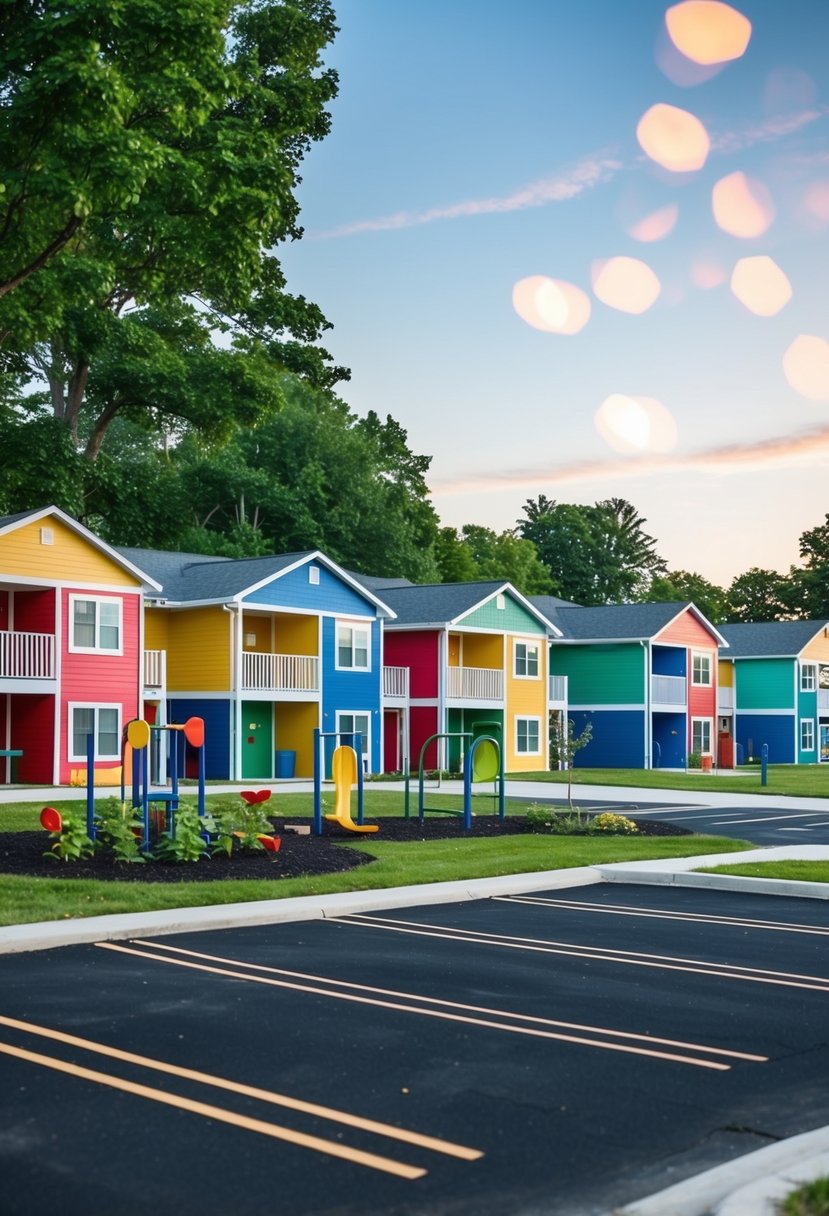 A row of colorful transitional housing units with a playground and community garden, surrounded by trees and a small parking lot