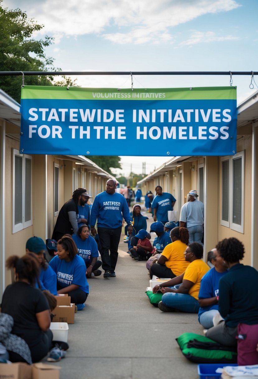 A row of shelters with people inside, surrounded by volunteers and support services, under a banner for "Statewide Initiatives for the Homeless."