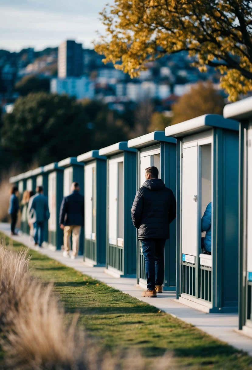 A row of shelters with people inside, surrounded by a mix of urban and natural landscapes