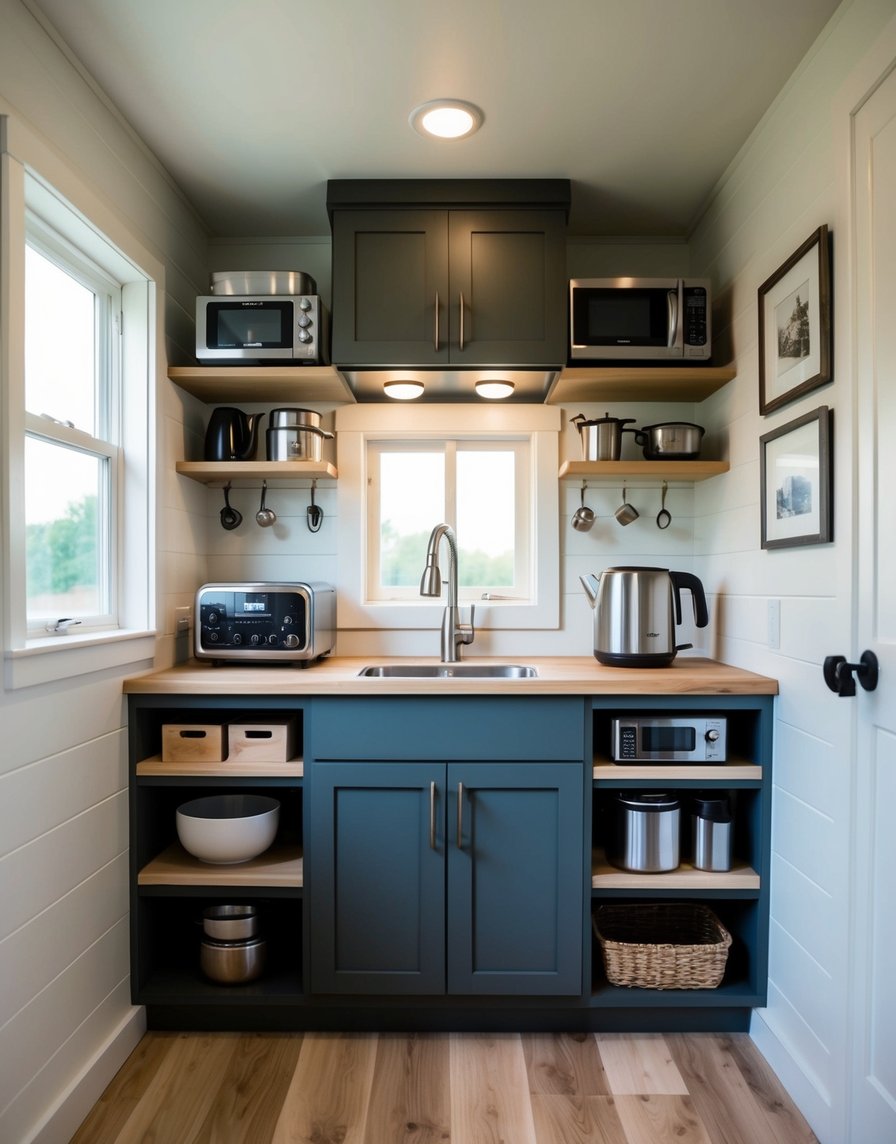 A compact kitchen with clever storage solutions for small appliances in a tiny house. Shelves, hooks, and hidden compartments keep everything organized and easily accessible