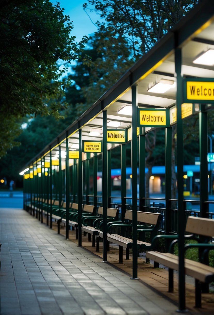 A row of shelters with bright lights and welcoming signs, surrounded by trees and benches