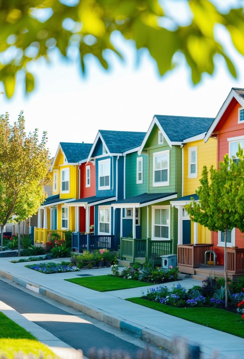 A row of colorful, compact homes nestled in a sunny California neighborhood, surrounded by trees and community gardens