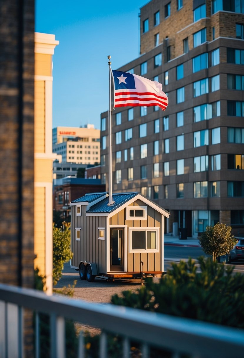 A tiny home nestled among urban buildings, with a California state flag flying nearby