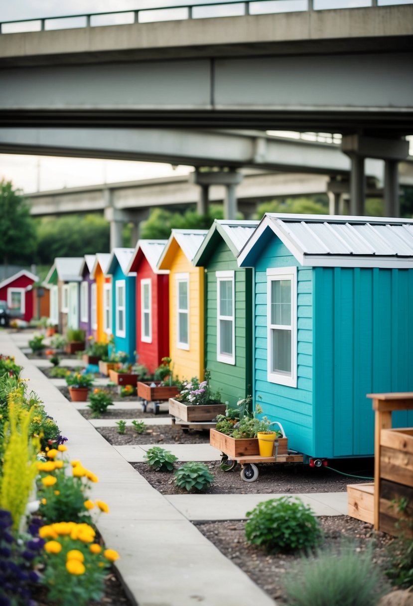 A row of colorful tiny homes nestled under a freeway overpass, surrounded by makeshift gardens and community gathering spaces