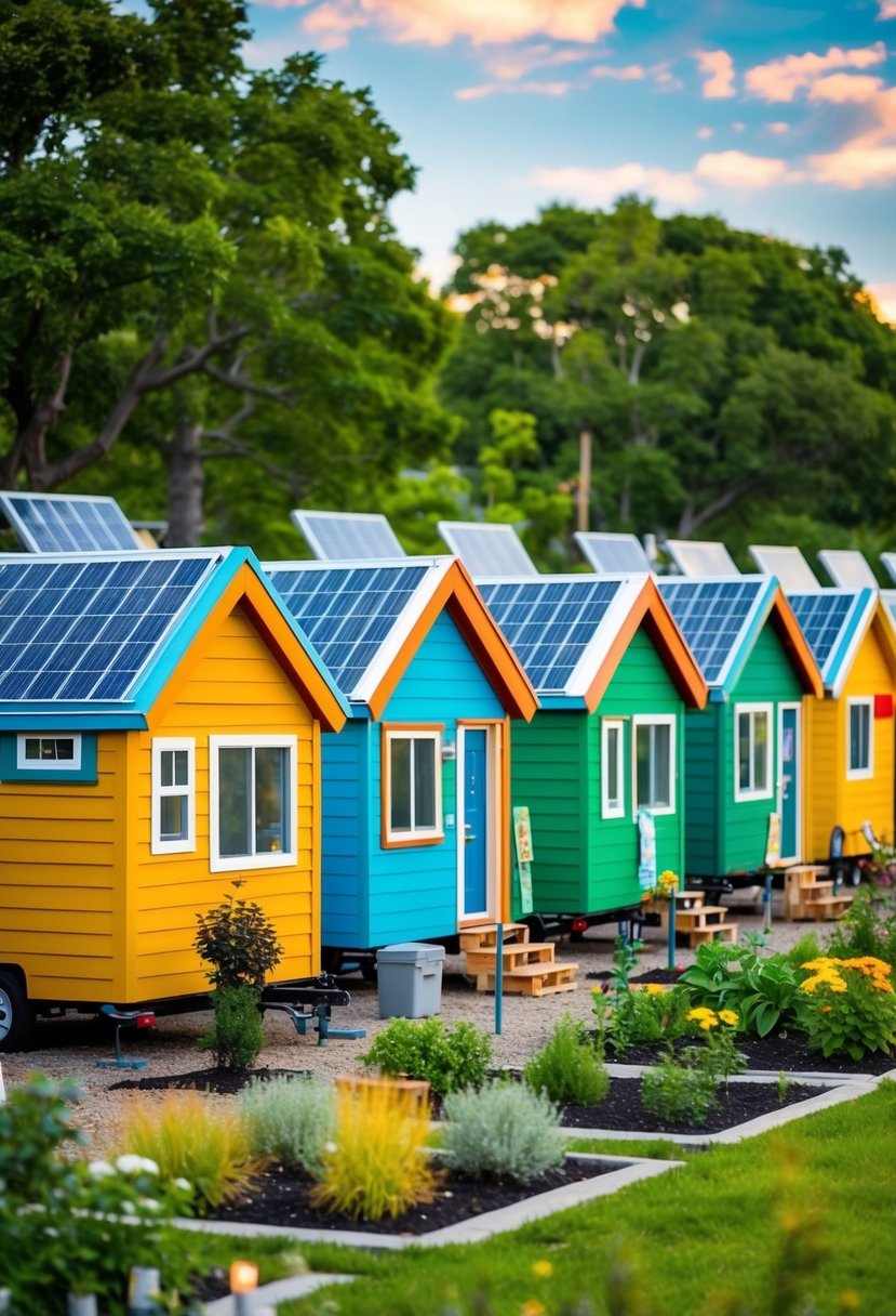 A row of colorful tiny homes nestled in a community garden, surrounded by trees and solar panels, with a sense of hope and dignity