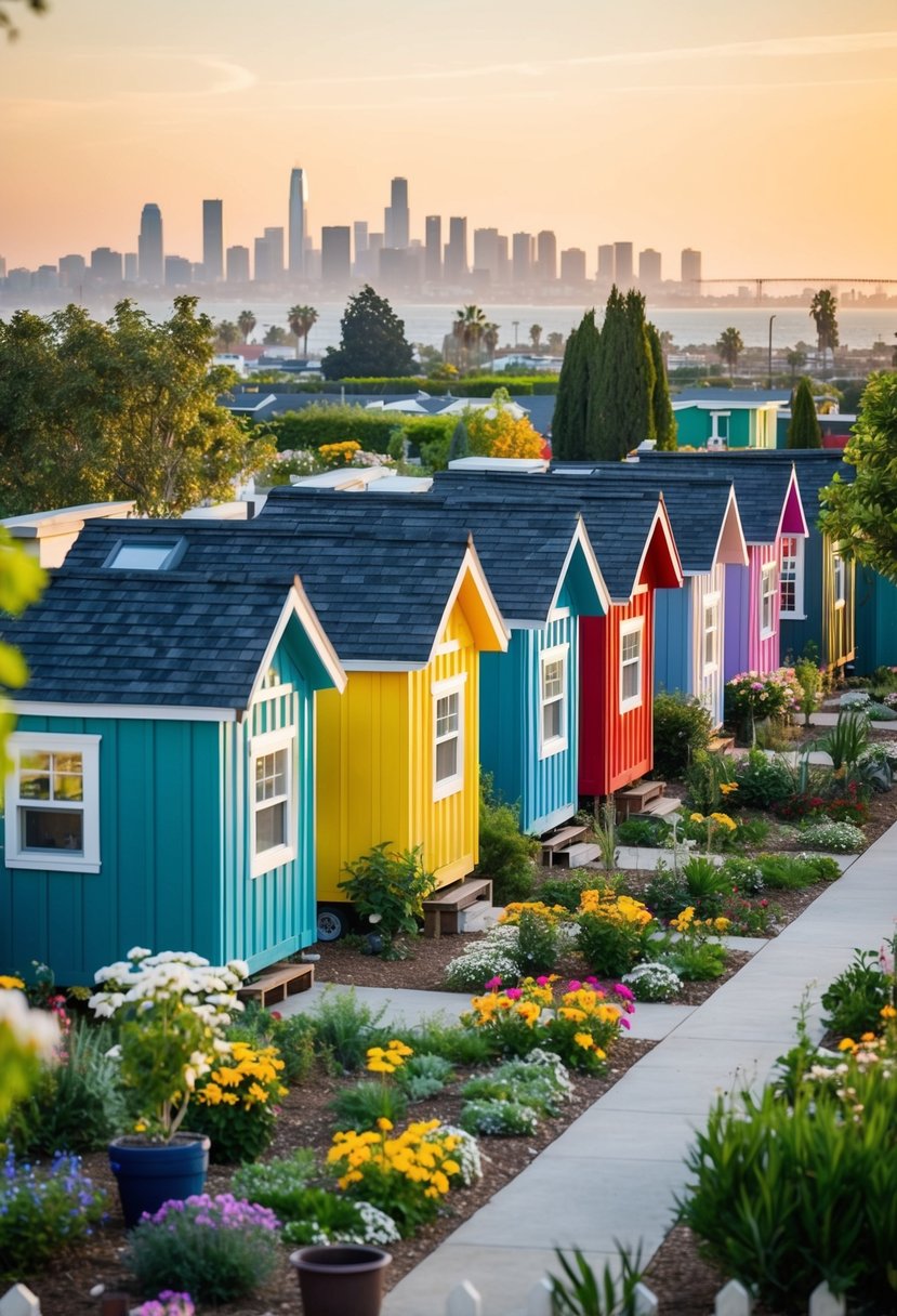 A row of colorful tiny homes nestled in a community garden, surrounded by trees and flowers, with a backdrop of a sunny California skyline