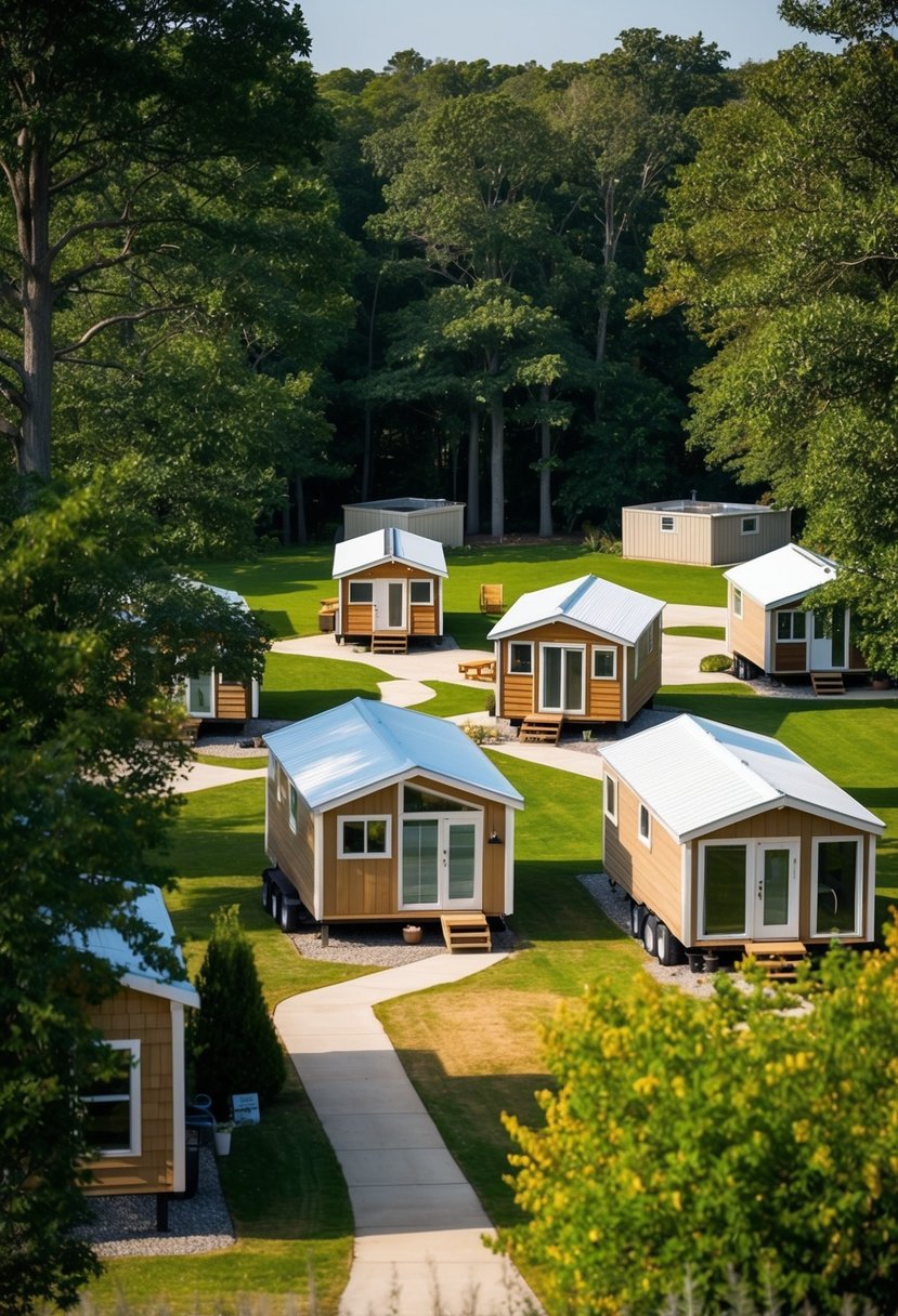 A cluster of tiny homes nestled among trees, with a central communal area and support services building nearby