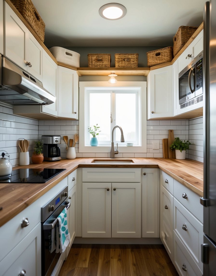 A small kitchen with clever storage solutions for tiny house living, showcasing neatly organized small kitchen appliances and functional add-ons