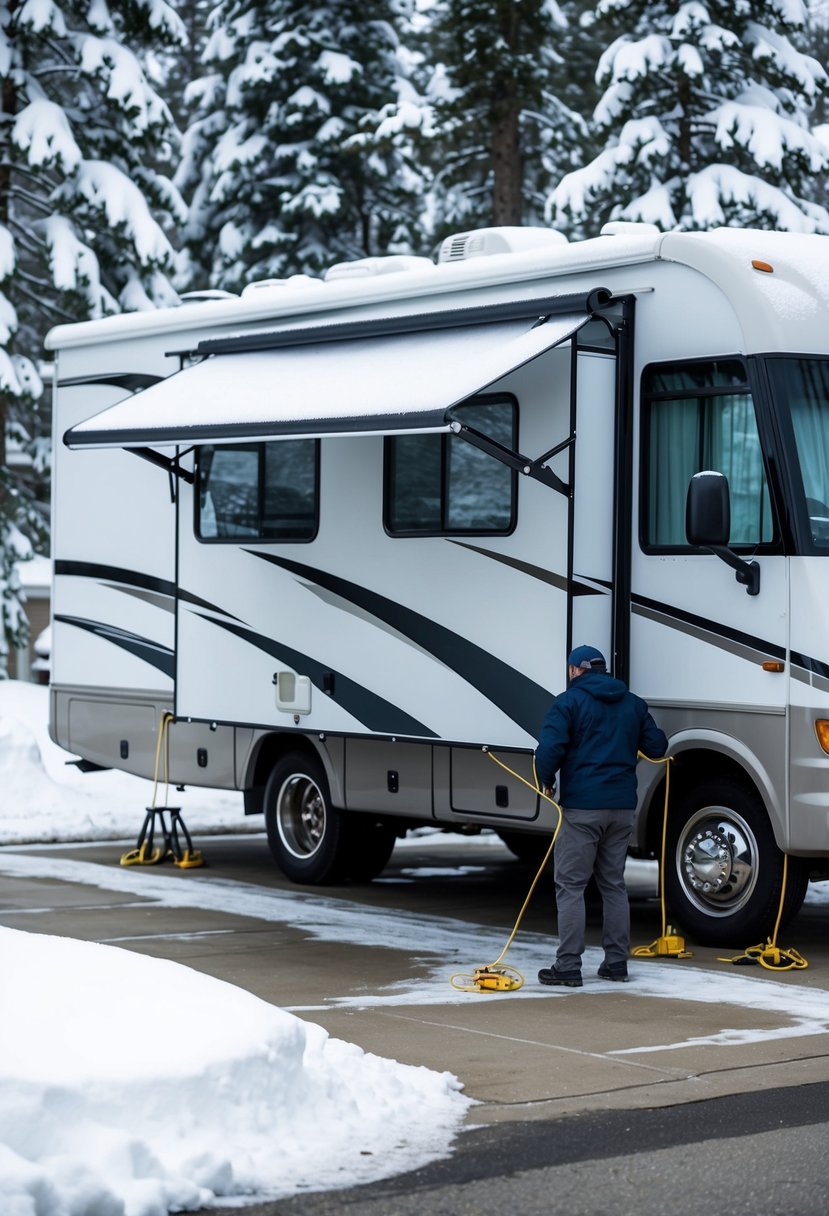 An RV parked in a driveway, surrounded by snow-capped trees. A person is seen covering the RV with a protective tarp and securing it with bungee cords