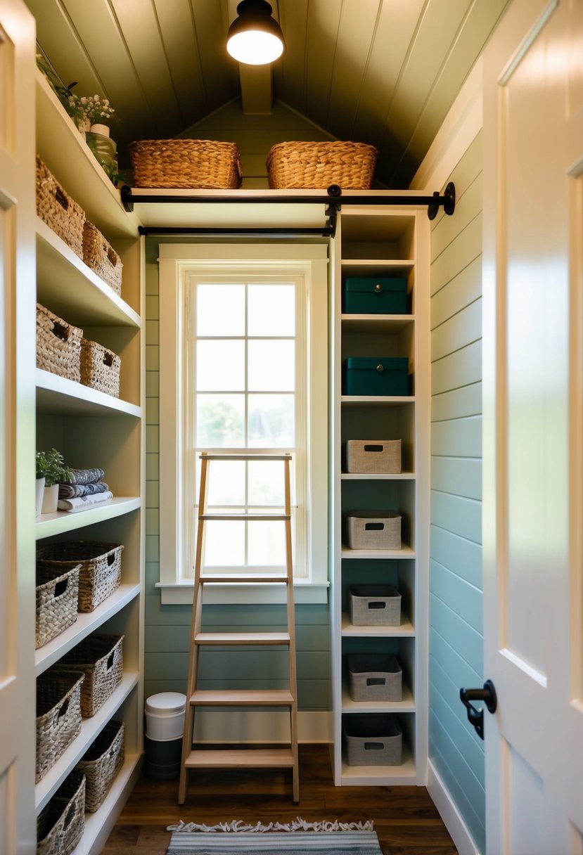 A tiny house closet with built-in shelves and hanging rods. A ladder leads to upper storage. Baskets and bins organize items