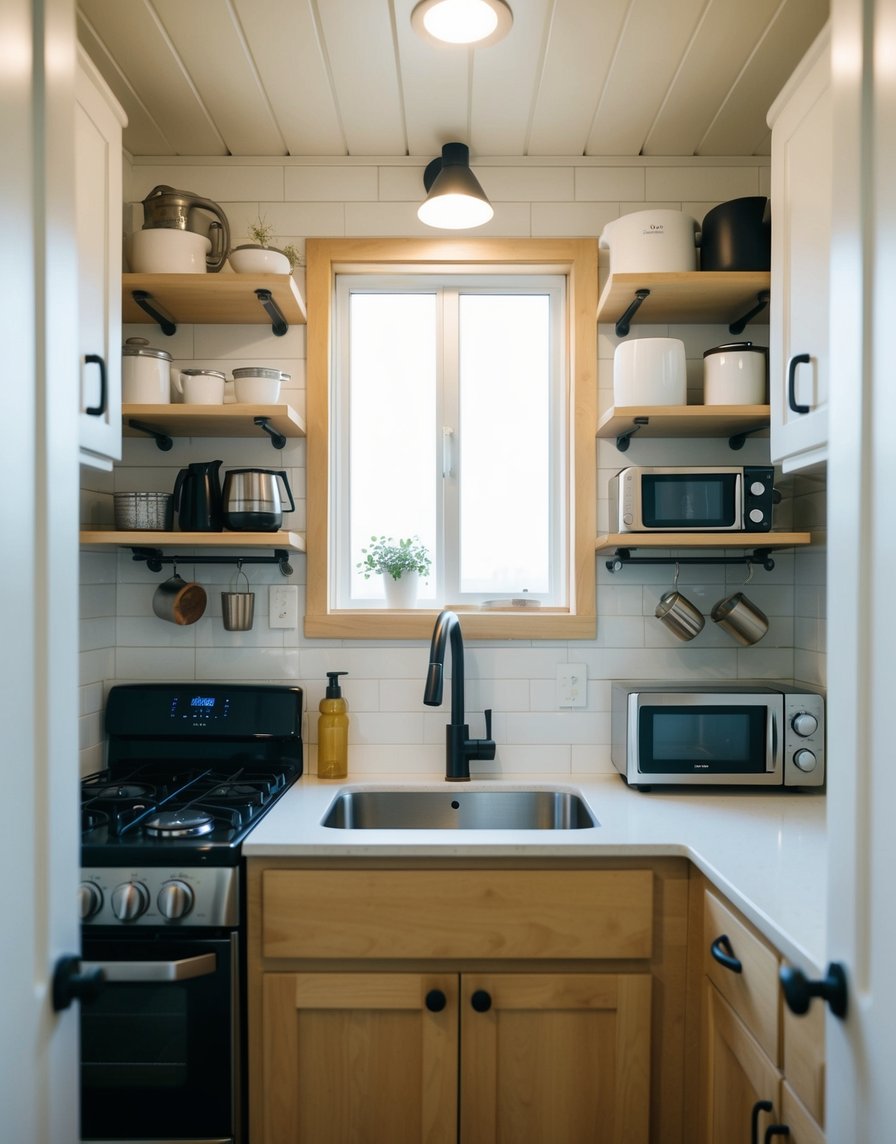 A compact kitchen with neatly organized small appliances on shelves and hooks. A tiny house with clever storage solutions for essentials