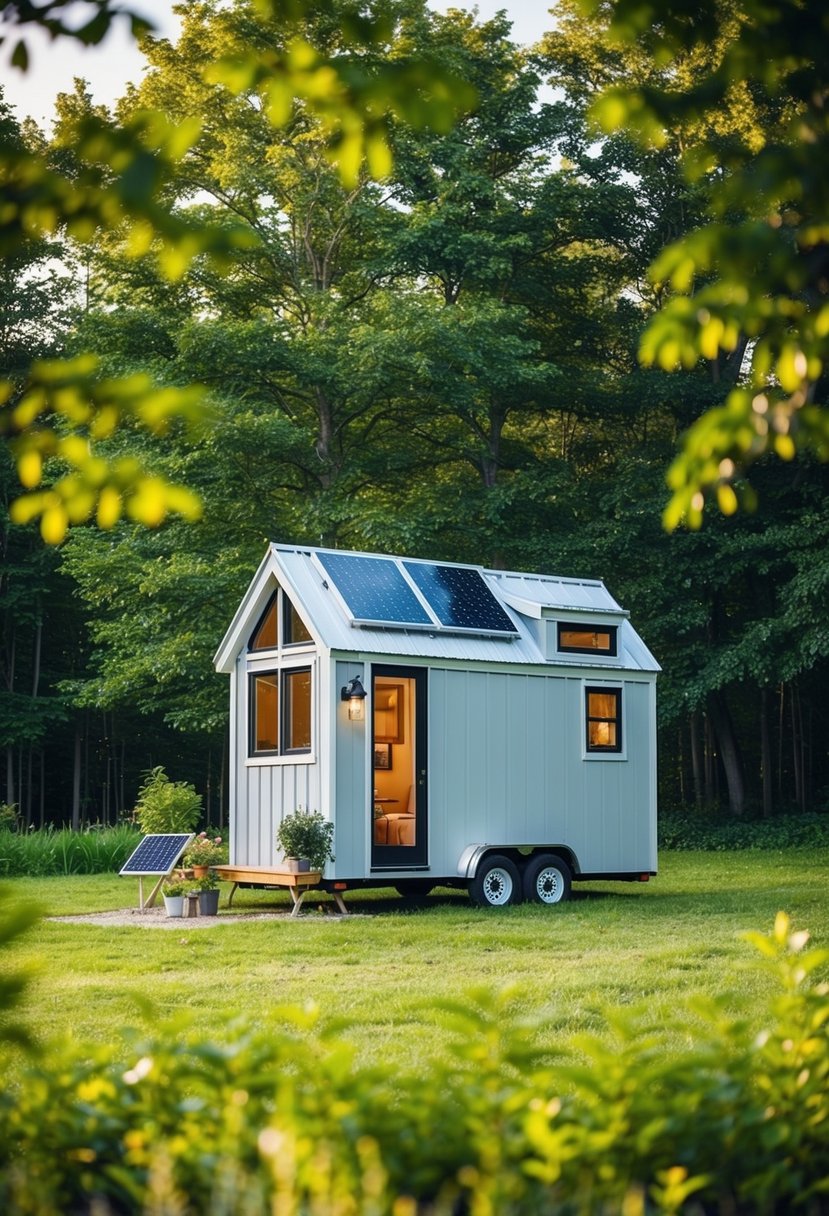 A cozy tiny house nestled in a lush forest clearing, with a small garden and solar panels