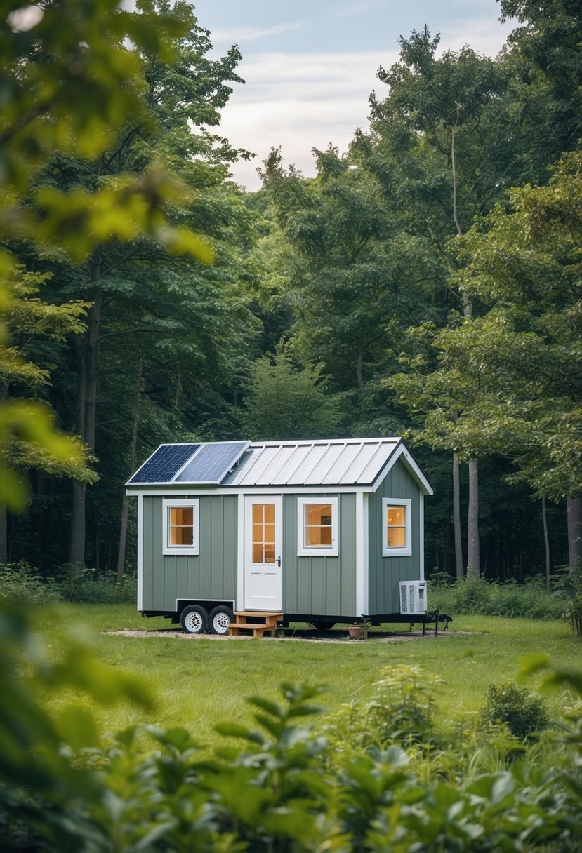 A cozy tiny house nestled in a serene forest clearing. Surrounded by lush greenery, with a small garden and solar panels