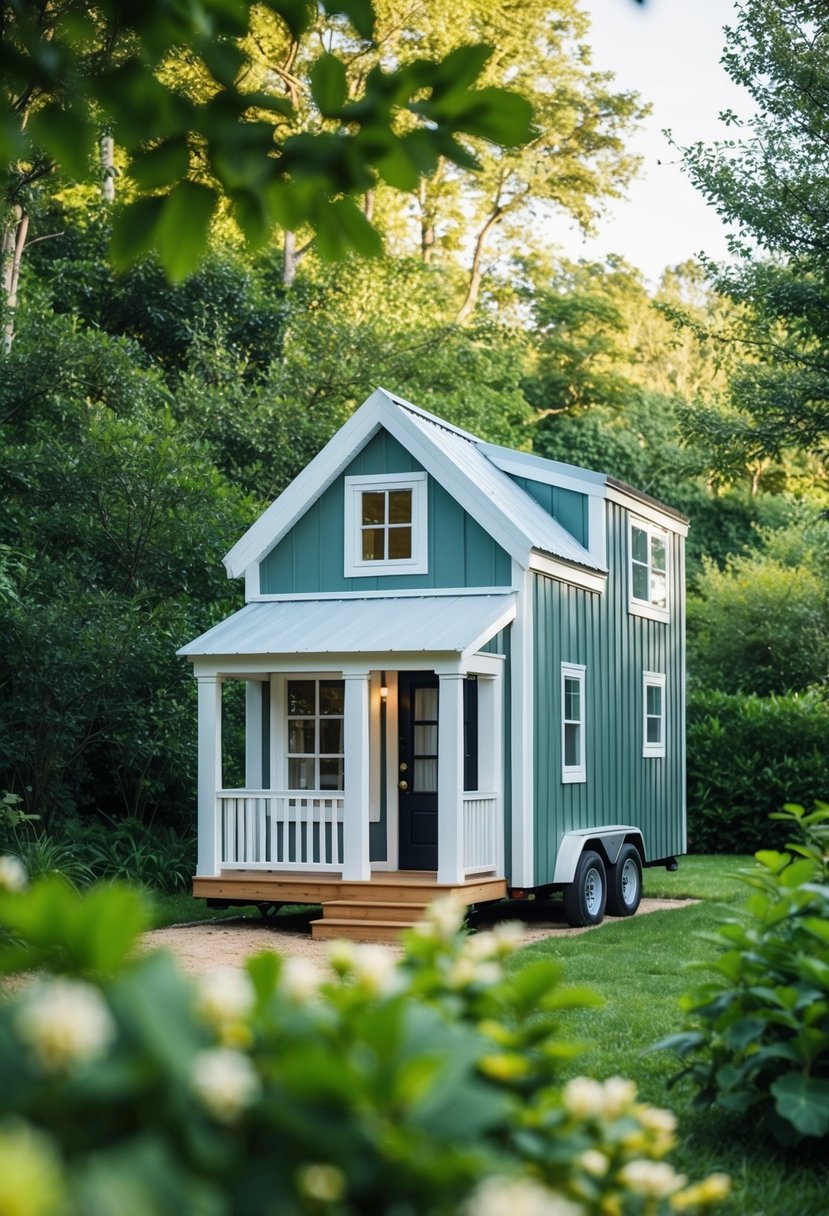 A cozy tiny house surrounded by lush greenery, with a small porch and large windows letting in natural light