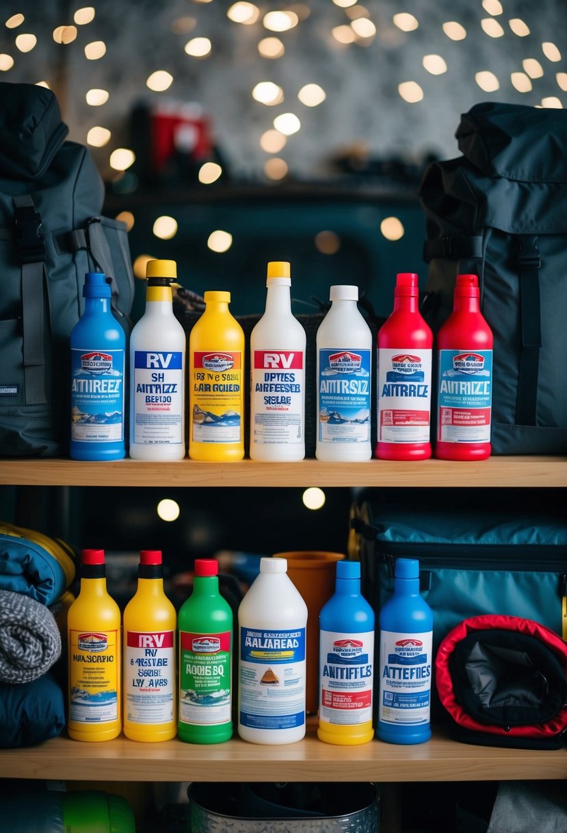 A shelf with various bottles of RV antifreeze, surrounded by winter gear and camping supplies