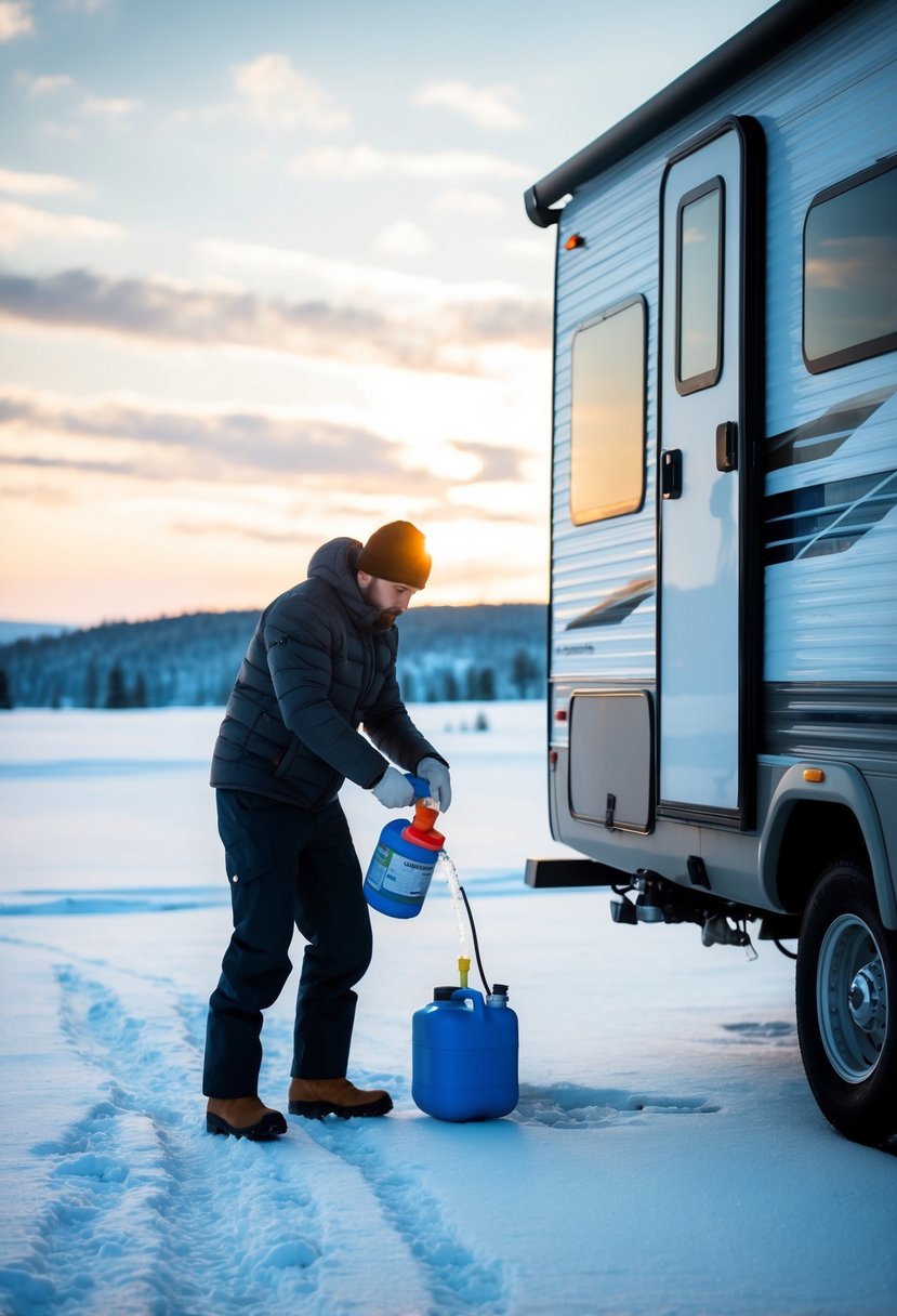 An RV parked in a snowy landscape, with a person pouring antifreeze into the water system