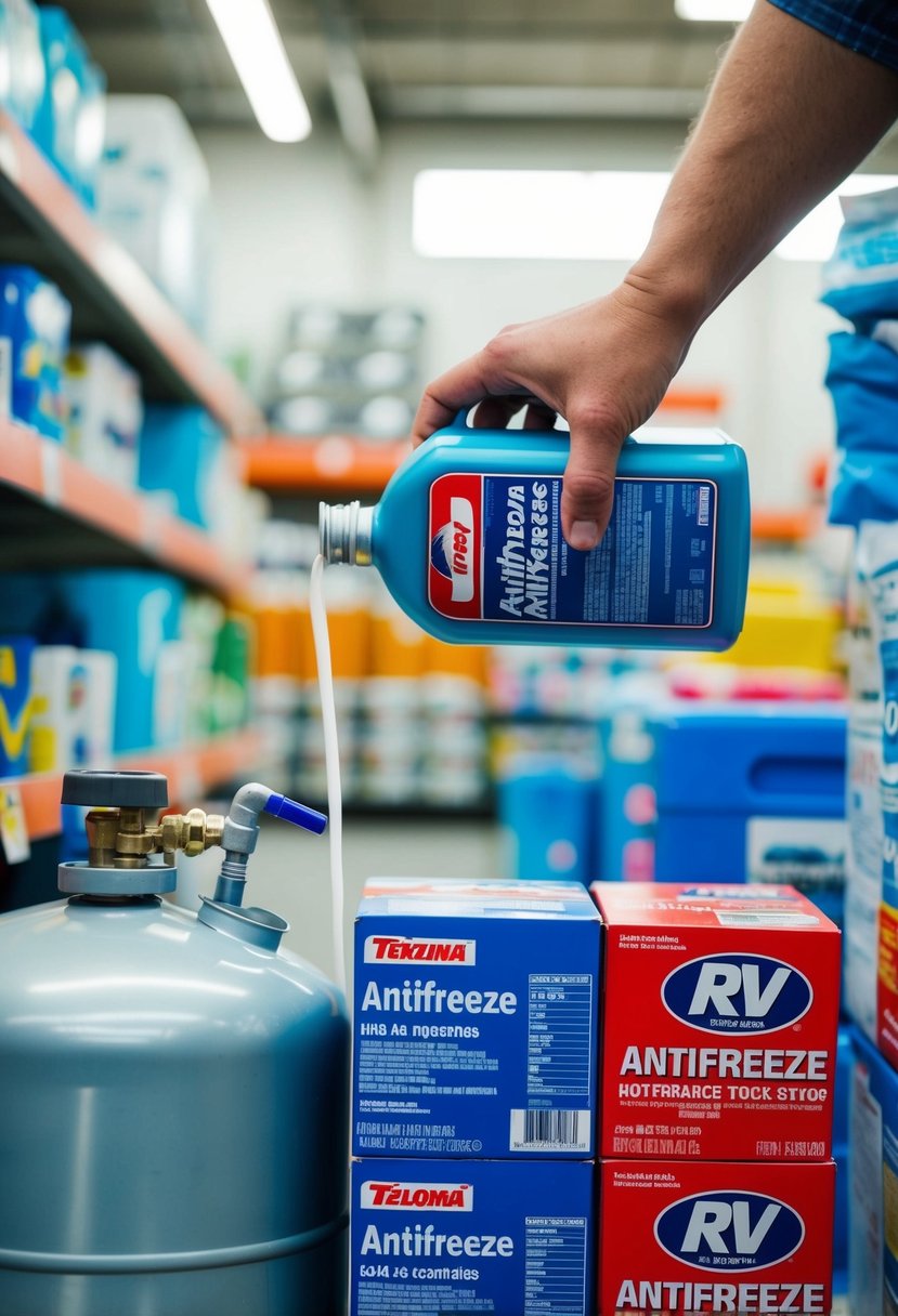 A hand pouring RV antifreeze into a tank near a stack of other RV supplies in a store aisle