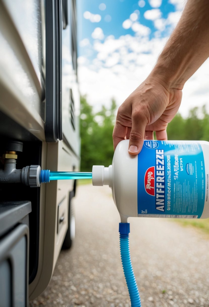 A hand pouring RV antifreeze into a camper's water system