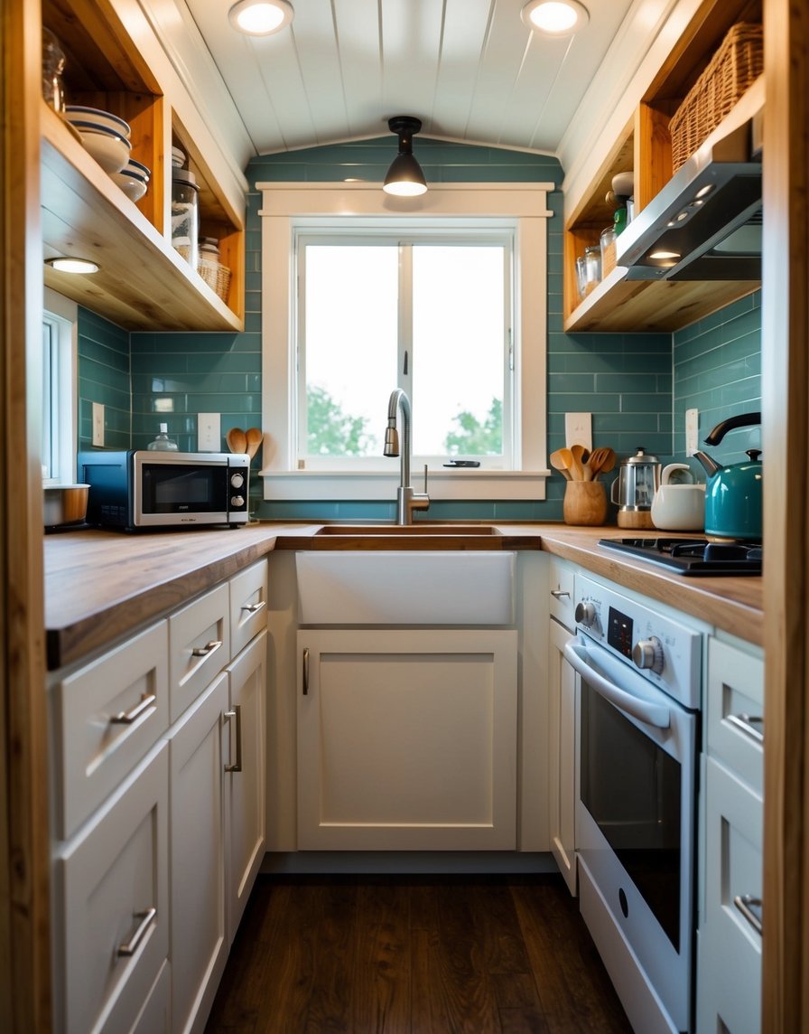 Small kitchen with cleverly utilized corners and dead spaces for appliance storage in a tiny house