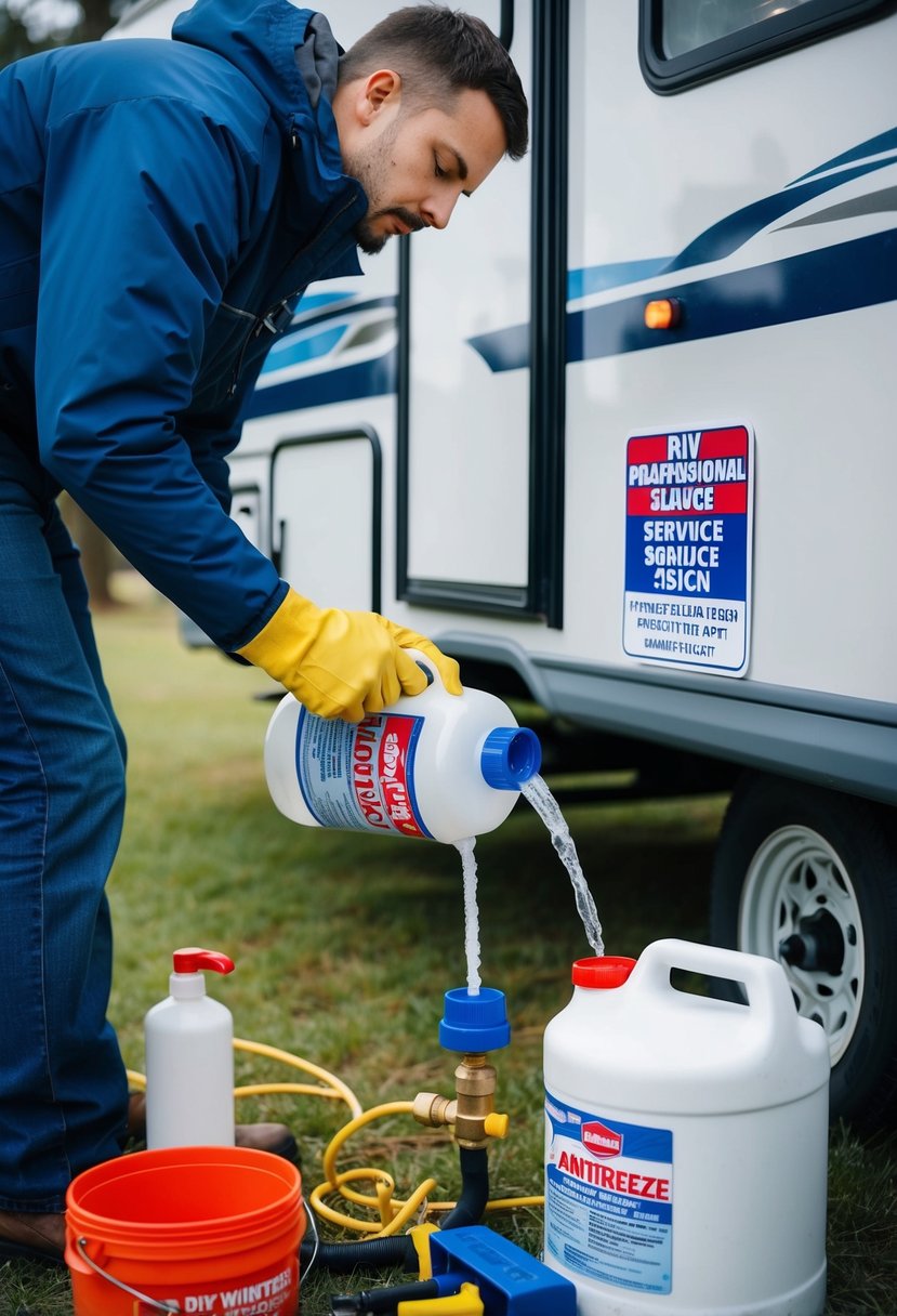 A person pouring RV antifreeze into the water system of a camper, surrounded by DIY winterization tools and a professional service sign