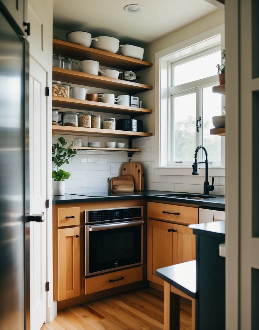 A small kitchen with clever shelving solutions for organizing tiny house appliances