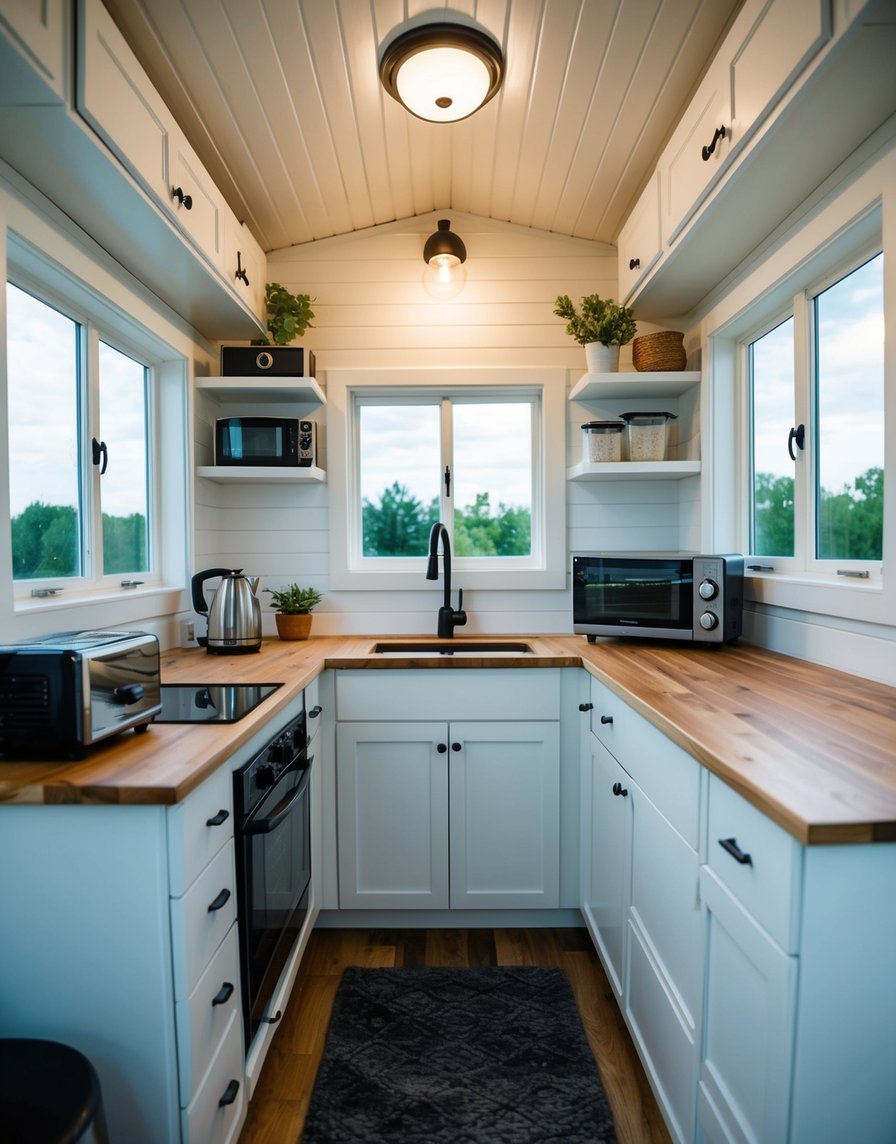 A compact kitchen in a tiny house, with clever storage solutions for small appliances neatly tucked away in designated spaces