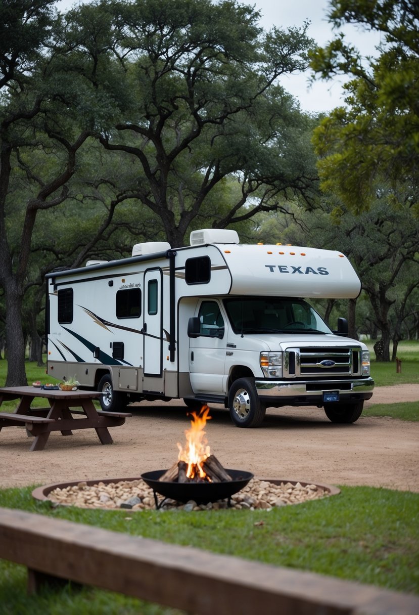 An RV parked in a scenic Texas state park campground, surrounded by trees and wildlife, with a campfire and picnic table nearby