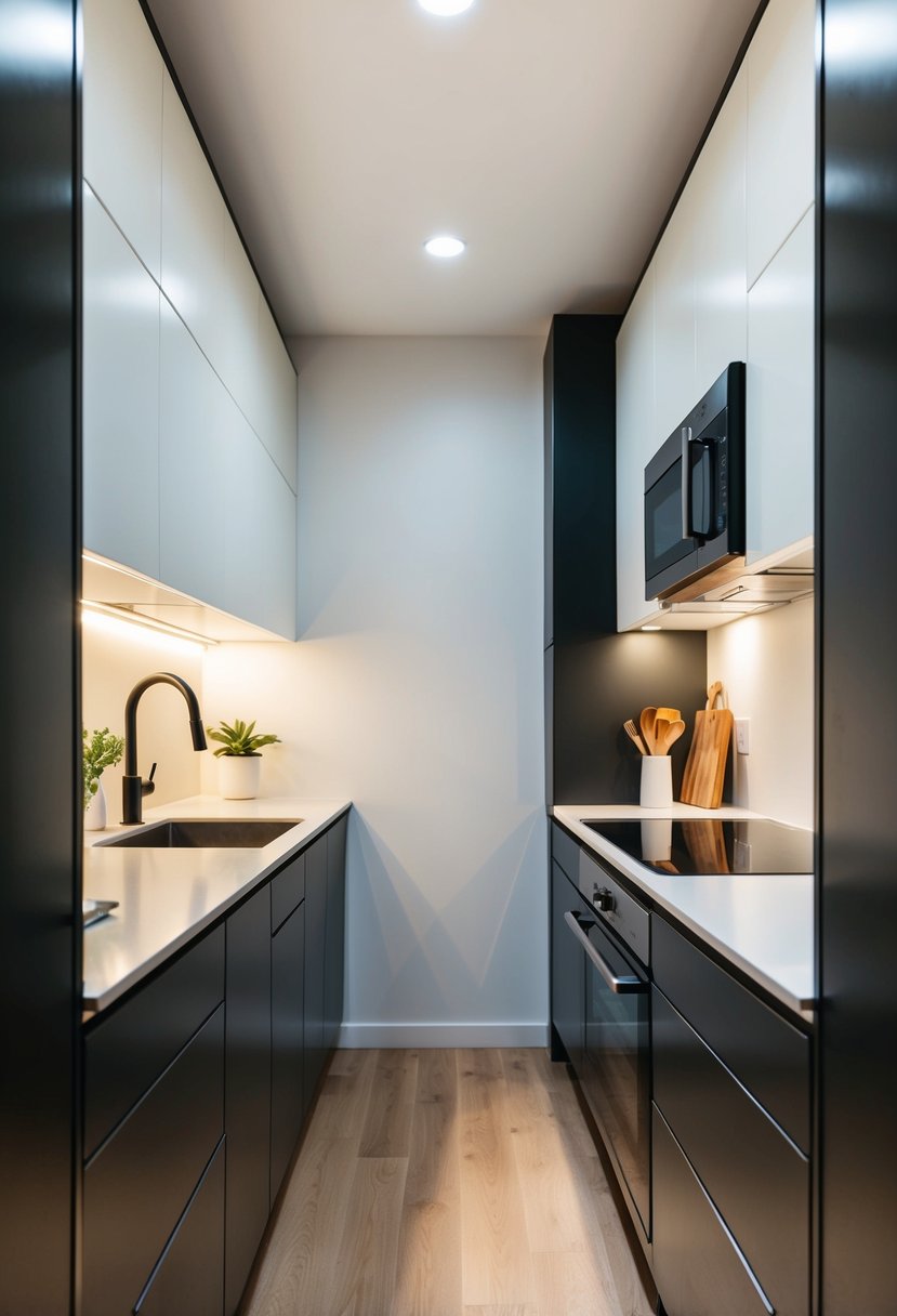 A narrow galley kitchen with sleek, modern cabinets and countertops. Bright lighting and minimal clutter create a sense of space