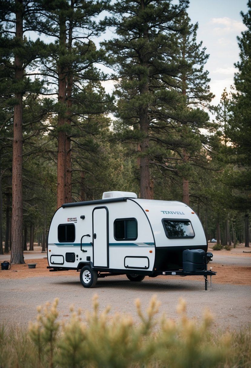 A small travel trailer with a bathroom, parked in a peaceful campsite surrounded by tall pine trees