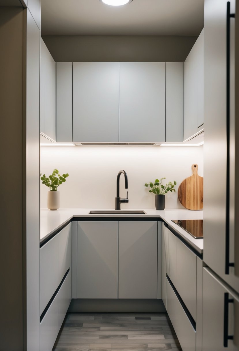 A small galley kitchen with lower cabinets in a modern design, featuring sleek, handle-less doors and a minimalist color palette