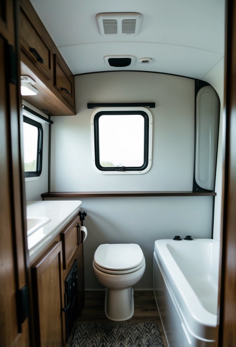 A compact travel trailer under 3000 lbs, featuring a small bathroom with a toilet, sink, and shower