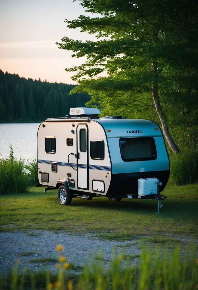 A compact travel trailer with a bathroom, surrounded by lush greenery and parked in a serene campsite by a tranquil lake