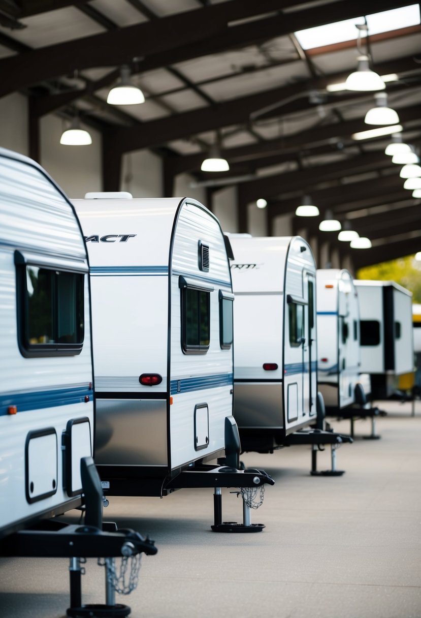 A row of compact travel trailers under 3000 lbs, each with a small bathroom, lined up in a spacious outdoor showroom