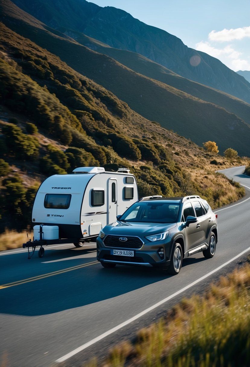 A small SUV towing a compact travel trailer with a bathroom, navigating a winding mountain road